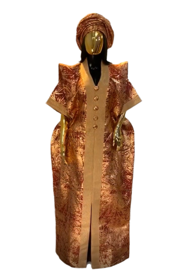 Maroon & Gold African Damask Brocade Bubu Boubou Elegant Event Dress