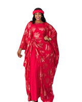 Red and Gold 3 Piece Umunde Kaftan Somalic Shiffon Underdress and Braided Headband