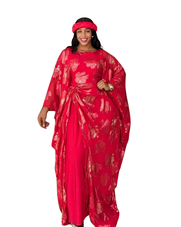 Red and Gold 3 Piece Umunde Kaftan Somalic Shiffon Underdress and Braided Headband