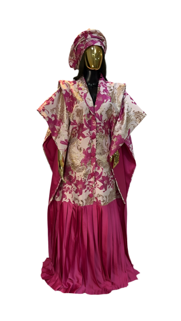 Pink Floral pleated African Damask Brocade  Bubu Boubou Elegant Event Dress
