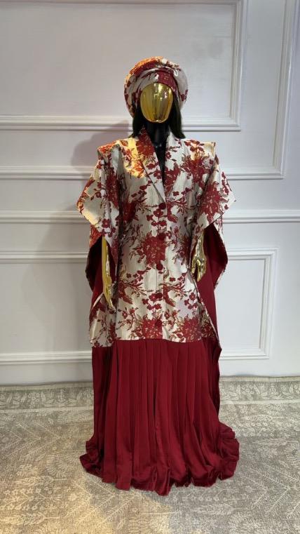 Maroon pleated African Damask Brocade  Bubu Boubou Elegant Event Dress