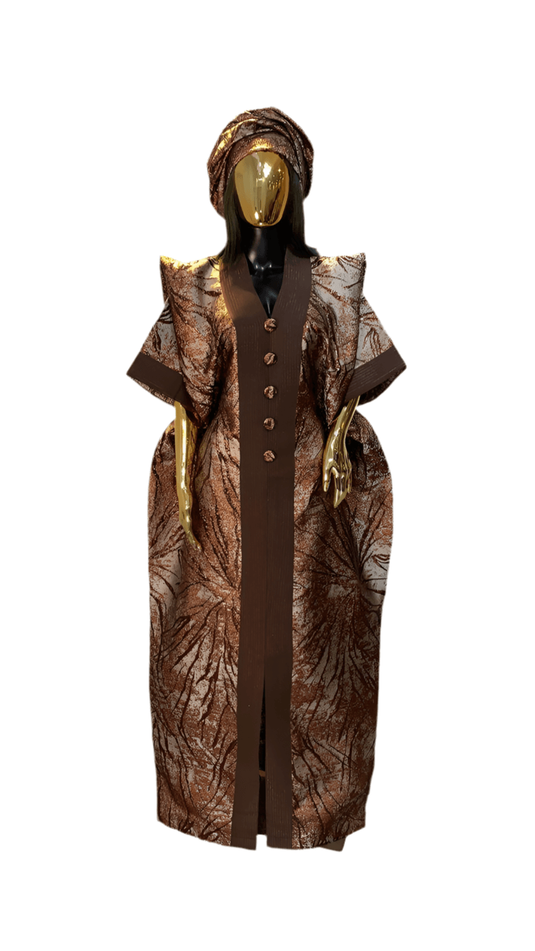 Chocolate Brown & Gold African Damask Brocade Bubu Boubou Elegant Event Dress