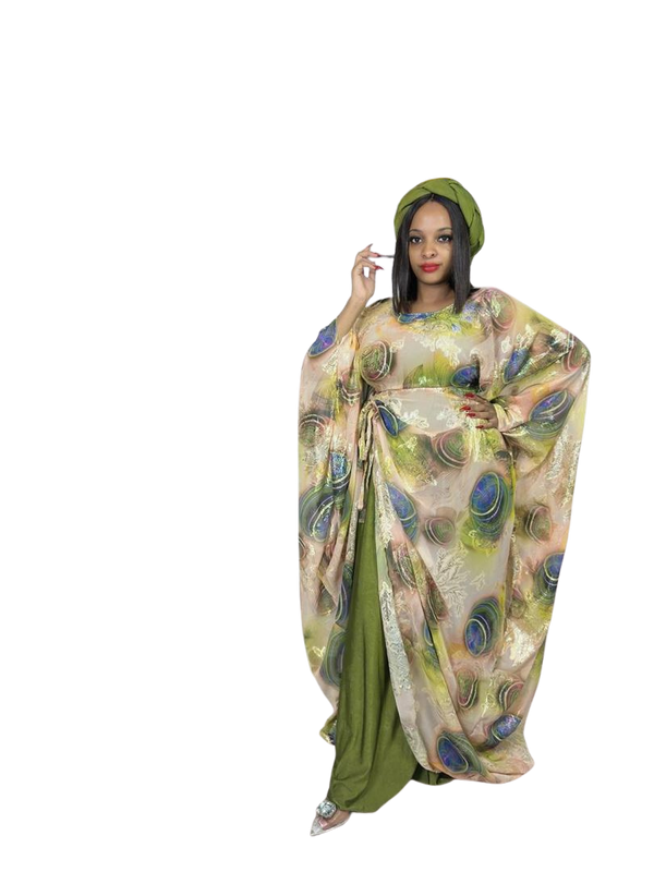 Olive Green  3 Piece Umunde Kaftan Somalic Shiffon Underdress and Braided Headband
