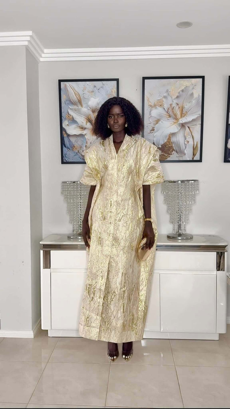 White and Gold Stripes African Damask Bubu Boubou Elegant Event Dress