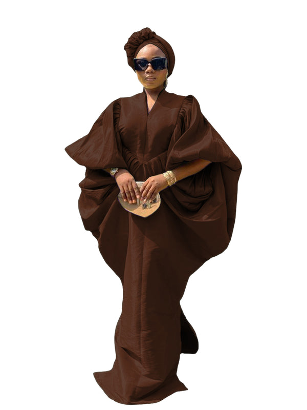 Chocolate Brown Raw Silk Fabric with Free Side Pleated Bubu Boubou dress with Turban