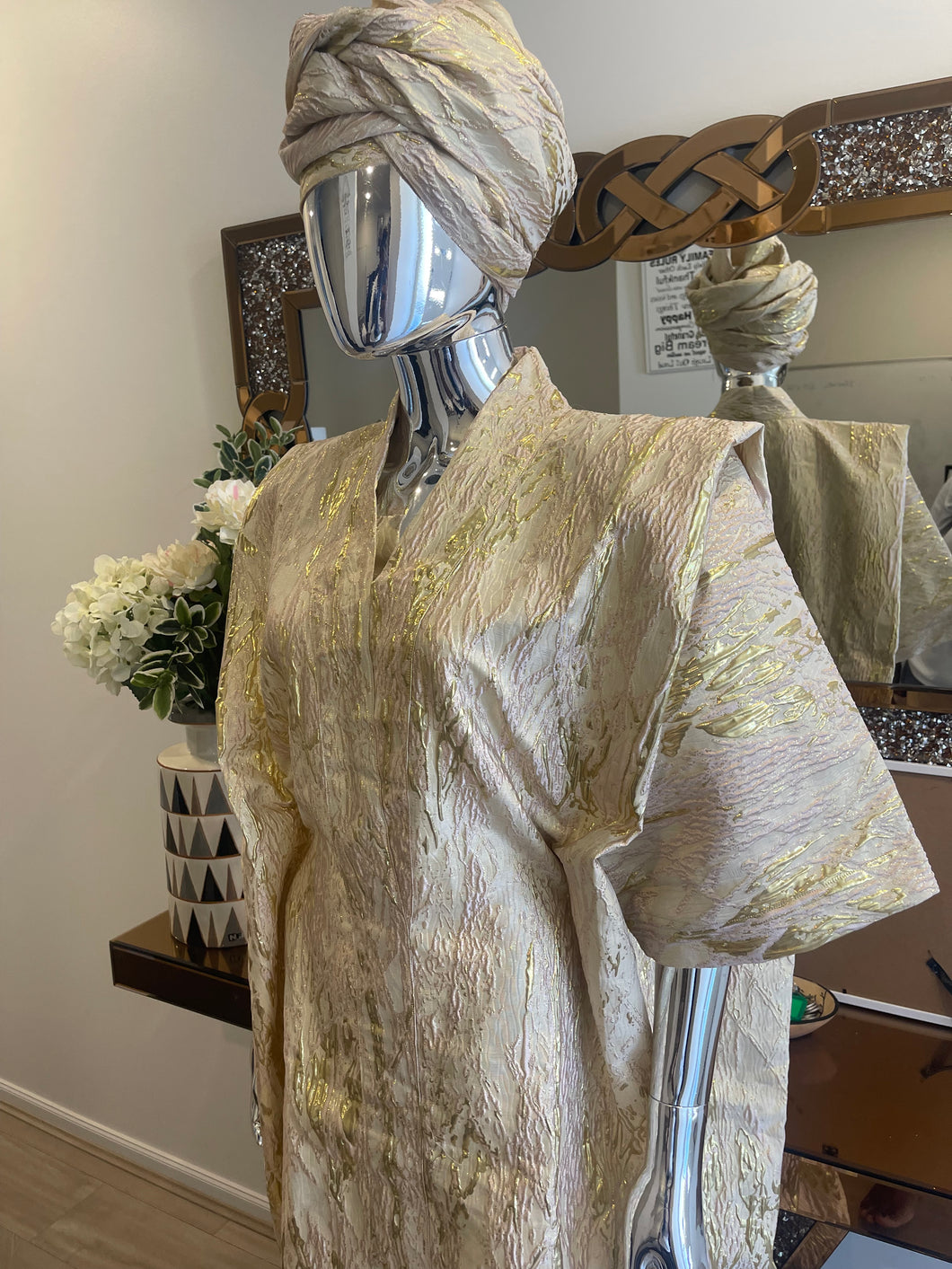 Cream White and Gold African Damask Brocade  Bubu Boubou Elegant Event Dress