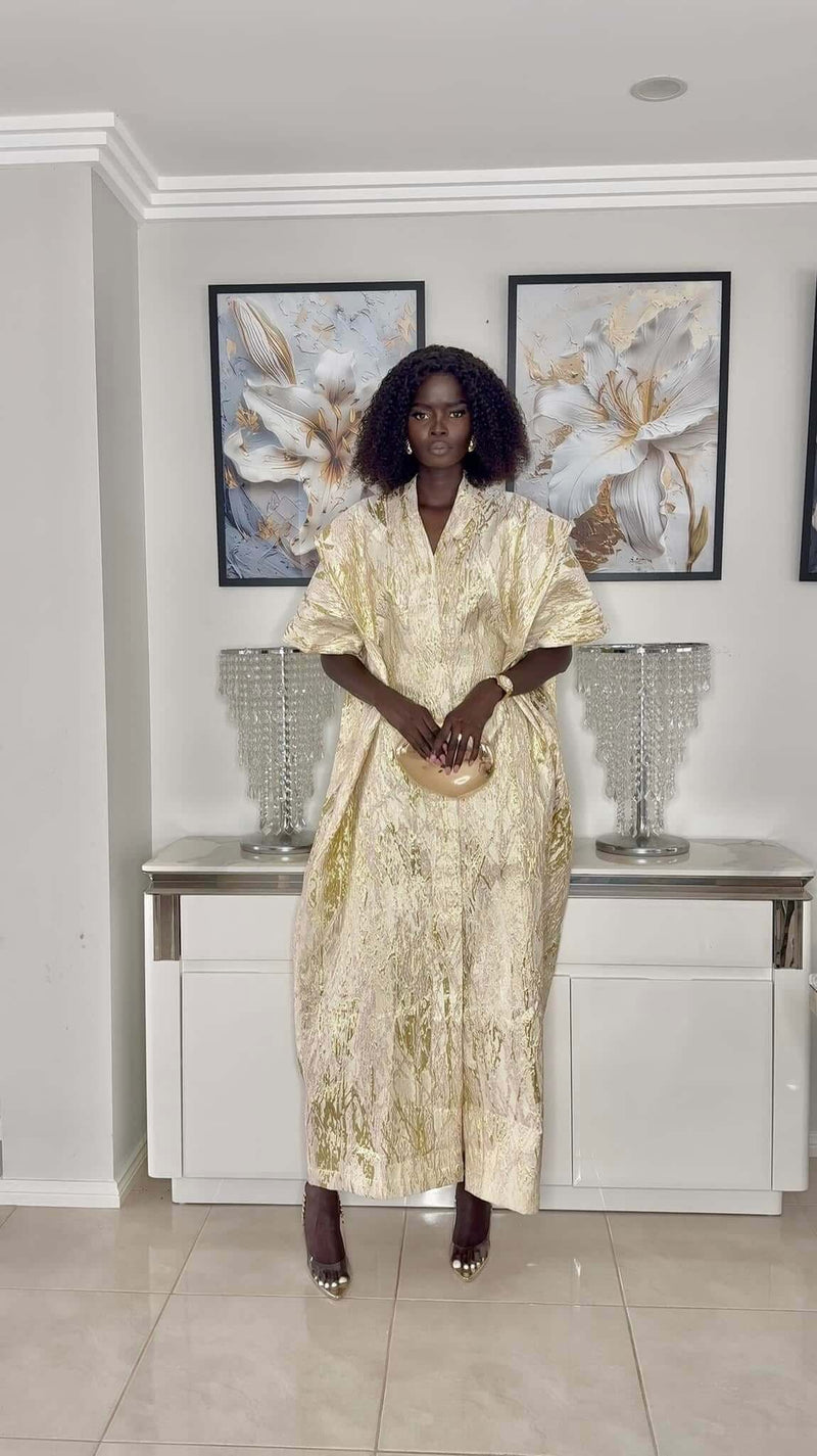 White and Gold Stripes African Damask Bubu Boubou Elegant Event Dress