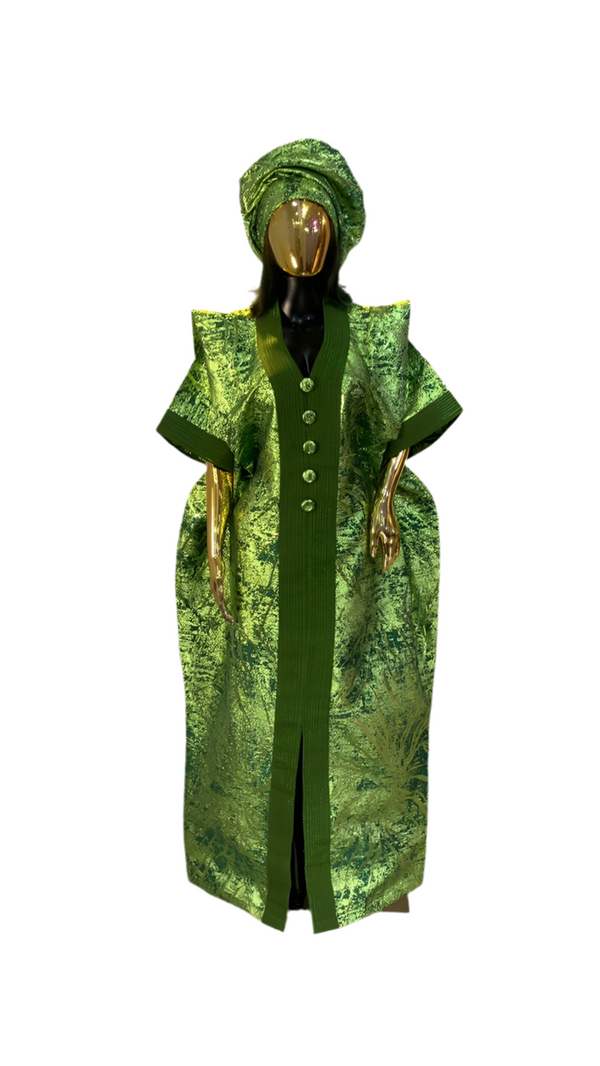 Bright Green African Damask Brocade Bubu Boubou Elegant Event Dress