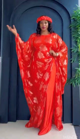 Orange and Gold 3 Piece Umunde Kaftan Somalic Shiffon Underdress and Braided Headband