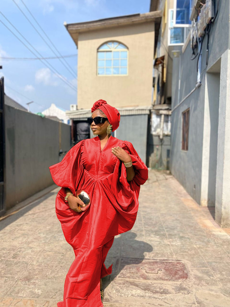 Red Raw Silk Fabric with Free Side Pleated Bubu Boubou dress with Turban