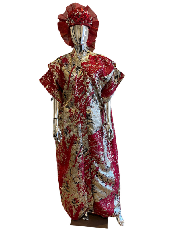 Red, Silver & Gold African Damask Brocade Bubu Boubou Elegant Event Dress