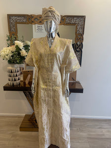 Cream White and Gold African Damask Brocade  Bubu Boubou Elegant Event Dress