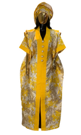 Yellow Floral & Gold Mix African Damask Bubu Boubou Elegant Event Dress