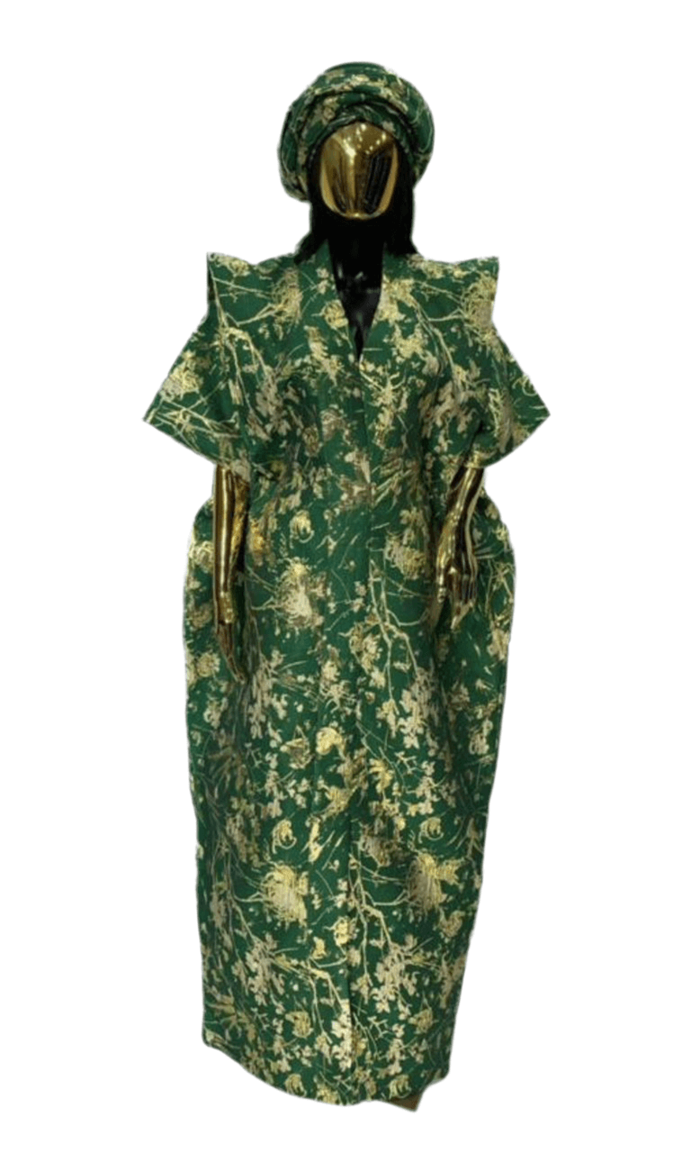 Floral Green & Gold African Damask Bubu Boubou African Elegant Event Dress