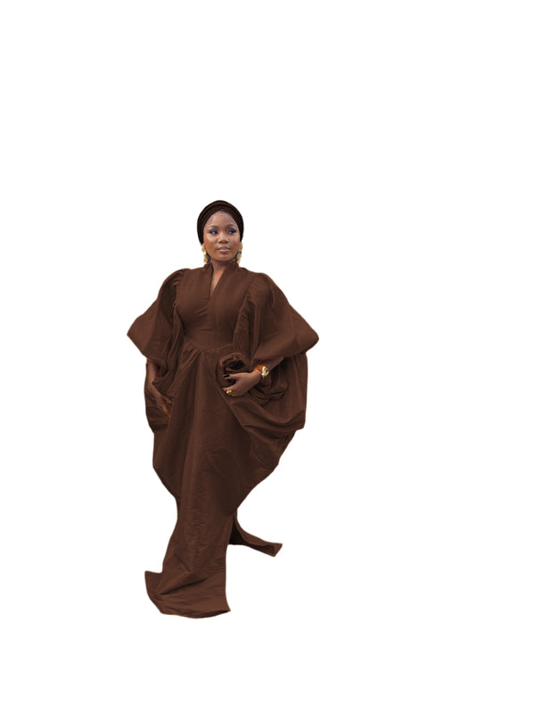 Chocolate Brown Raw Silk Fabric with Free Side Pleated Bubu Boubou dress with Turban
