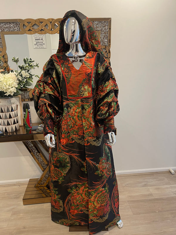 Black and Red Floral and Gold African Pleated Sleeves  Damask Bubu Boubou Elegant Event Dress