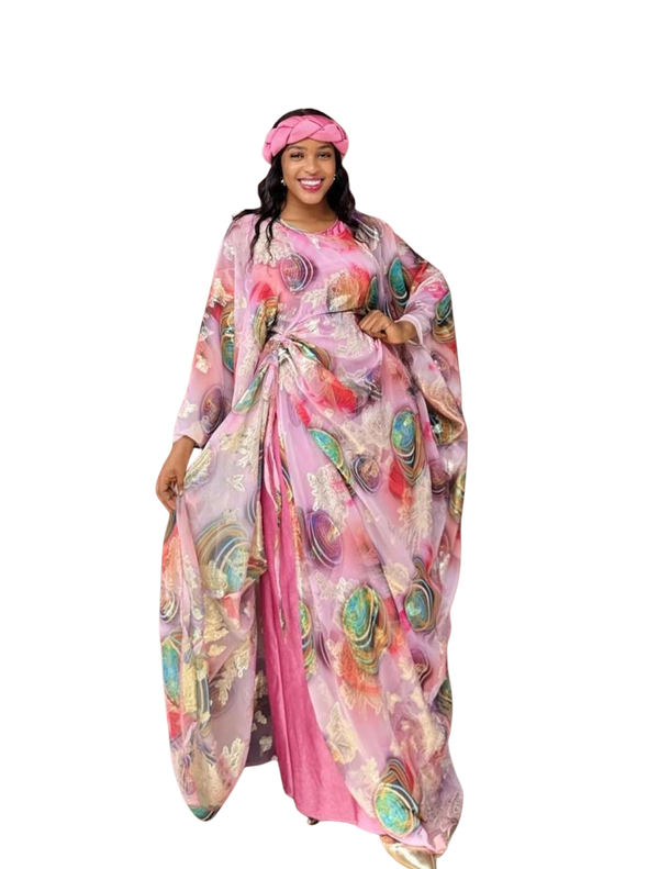 Light Pink and Gold 3 Piece Umunde Kaftan Somalic Shiffon Underdress and Braided Headband