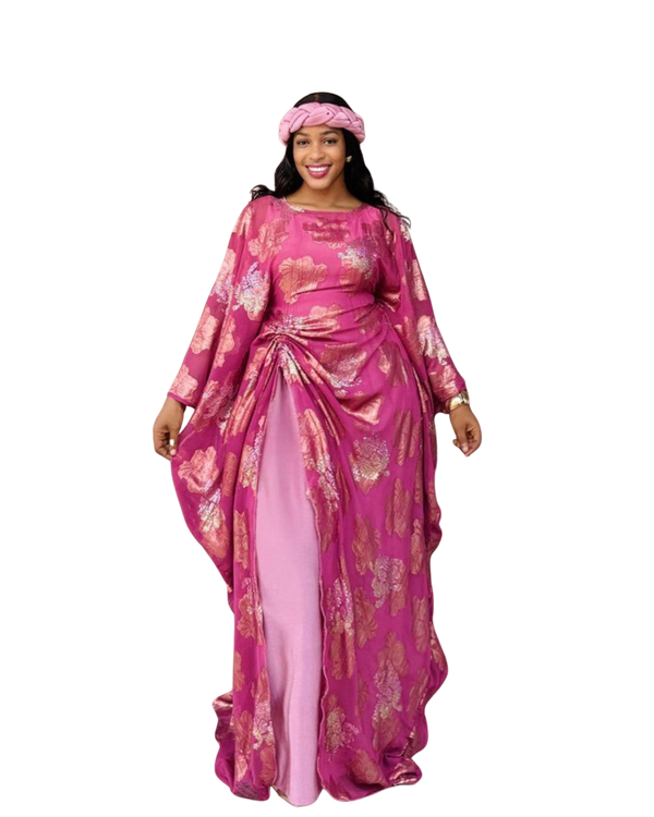 Pink and Gold 3 Piece Umunde Kaftan Somalic Shiffon Underdress and Braided Headband