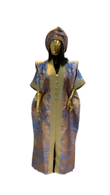 Baby Blue  & Gold Stripes African Damask Bubu Boubou African Elegant Event Dress