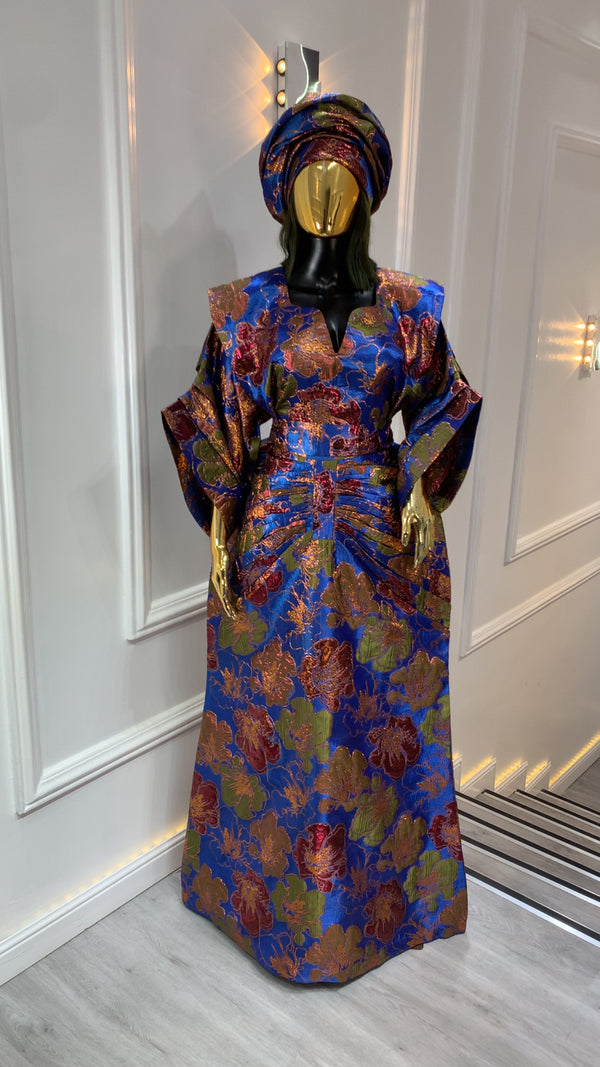 Royal Blue, Maroon & Gold African Waist Snatched African Damask Bubu Boubou Elegant Event Dress