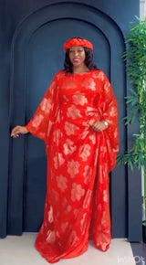 Orange and Gold 3 Piece Umunde Kaftan Somalic Shiffon Underdress and Braided Headband