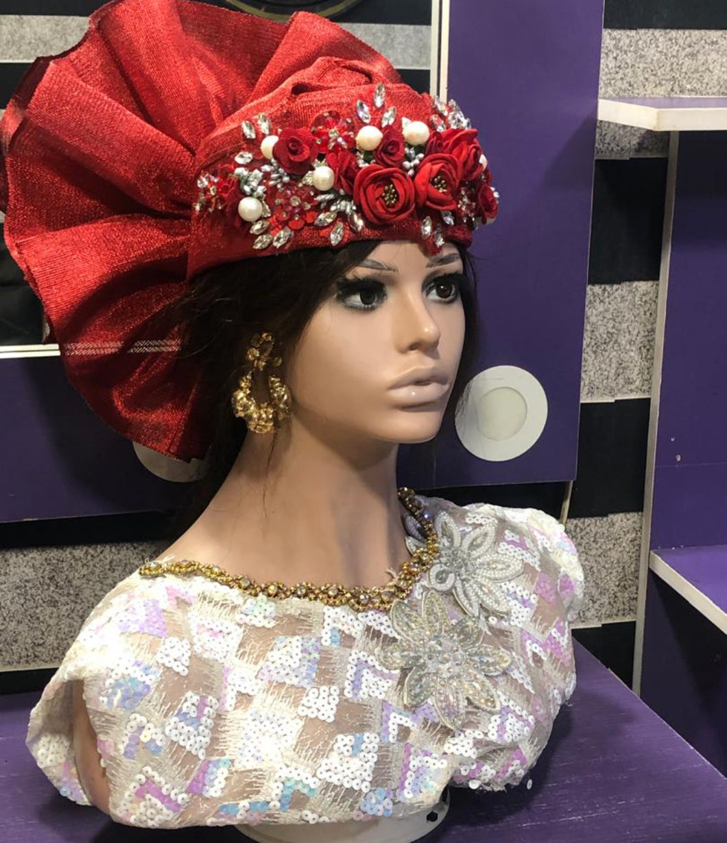 Red ready to wear head piece