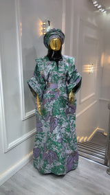 Green Grey & Gold Waist Snatched African Damask Bubu Boubou Elegant Event Dress