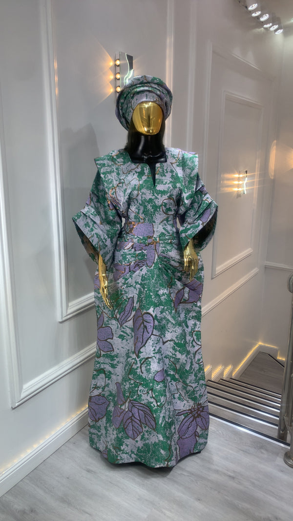 Green Grey & Gold Waist Snatched African Damask Bubu Boubou Elegant Event Dress
