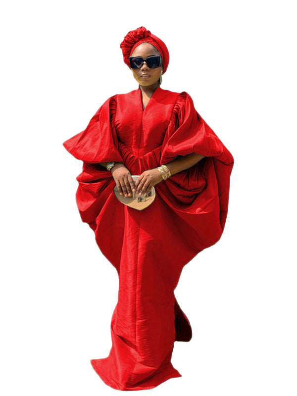Red Raw Silk Fabric with Free Side Pleated Bubu Boubou dress with Turban