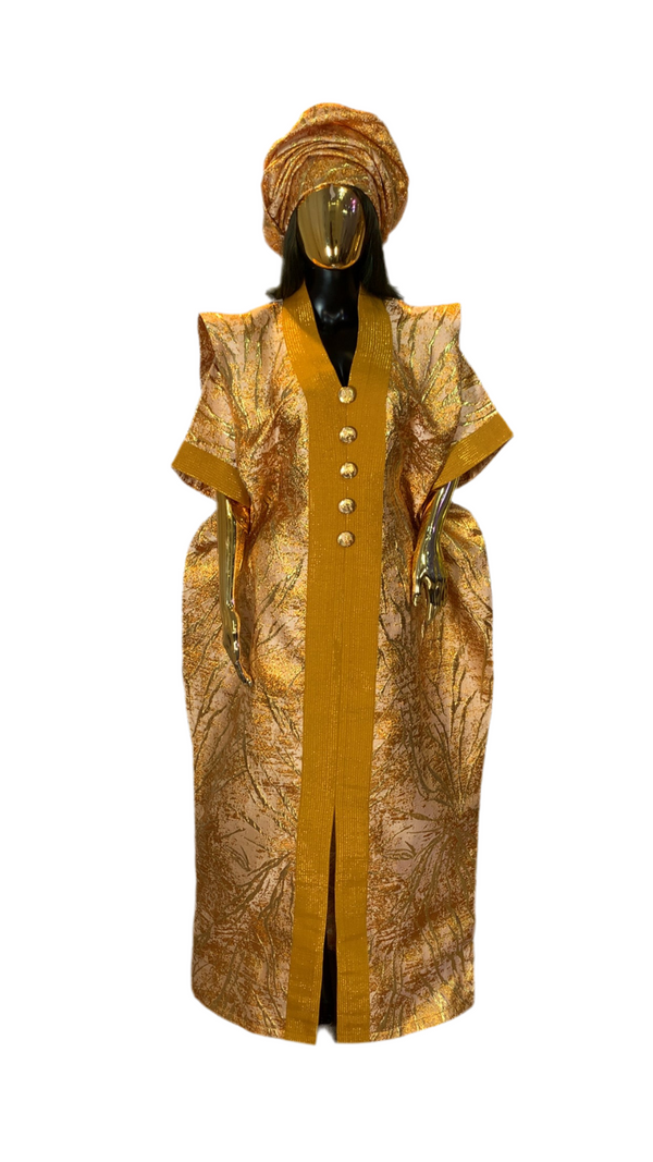 Gold African Damask Brocade Bubu Boubou Elegant Event Dress