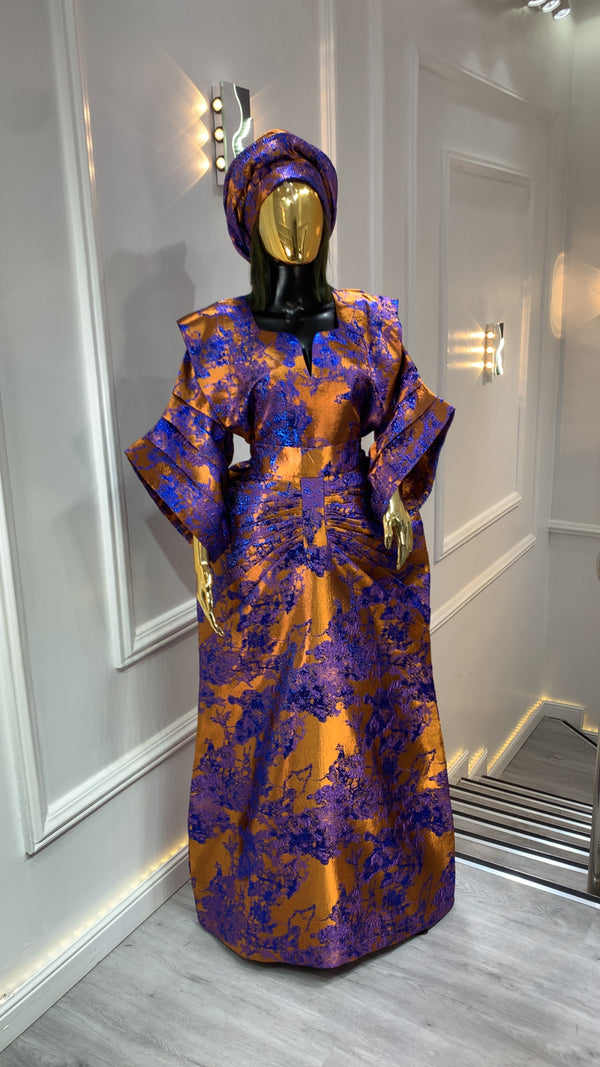 Royal Blue & Gold African Waist Snatched African Damask Bubu Boubou Elegant Event Dress