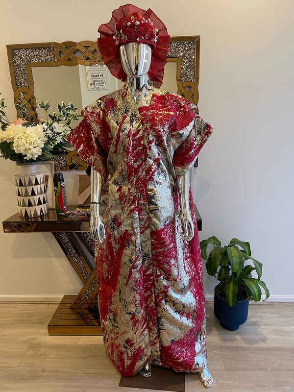 Red, Silver & Gold African Damask Brocade Bubu Boubou Elegant Event Dress