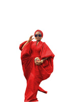 Red Raw Silk Fabric with Free Side Pleated Bubu Boubou dress with Turban