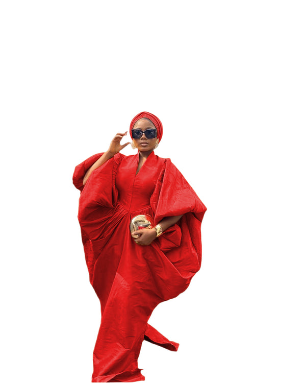 Red Raw Silk Fabric with Free Side Pleated Bubu Boubou dress with Turban