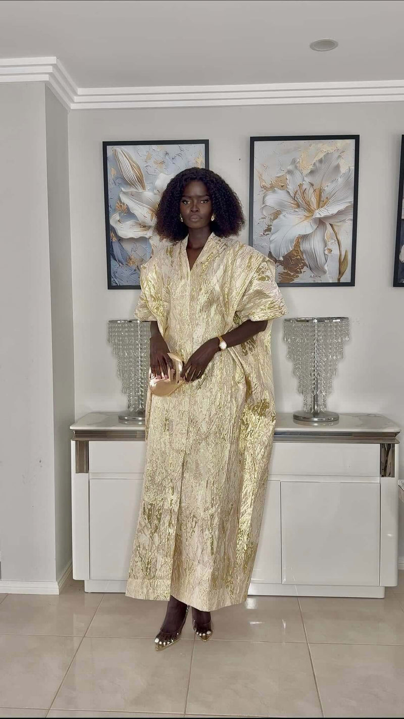 White and Gold Stripes African Damask Bubu Boubou Elegant Event Dress