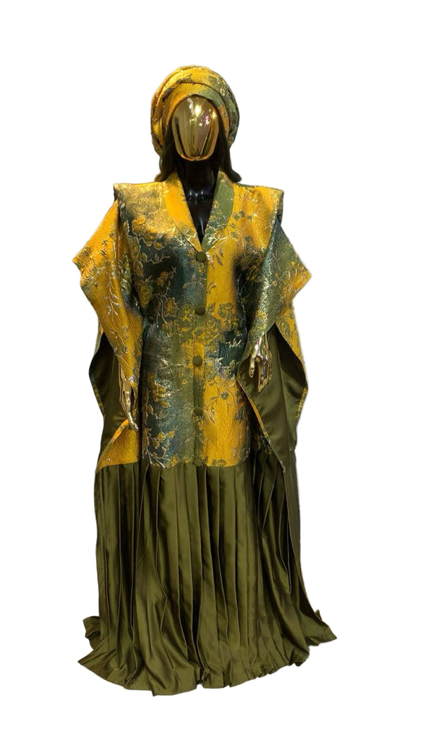 Yellow Mustard Gold and Greeb Floral  Mix African Damask Brocade Bubu Boubou Elegant Event Pleated Dress