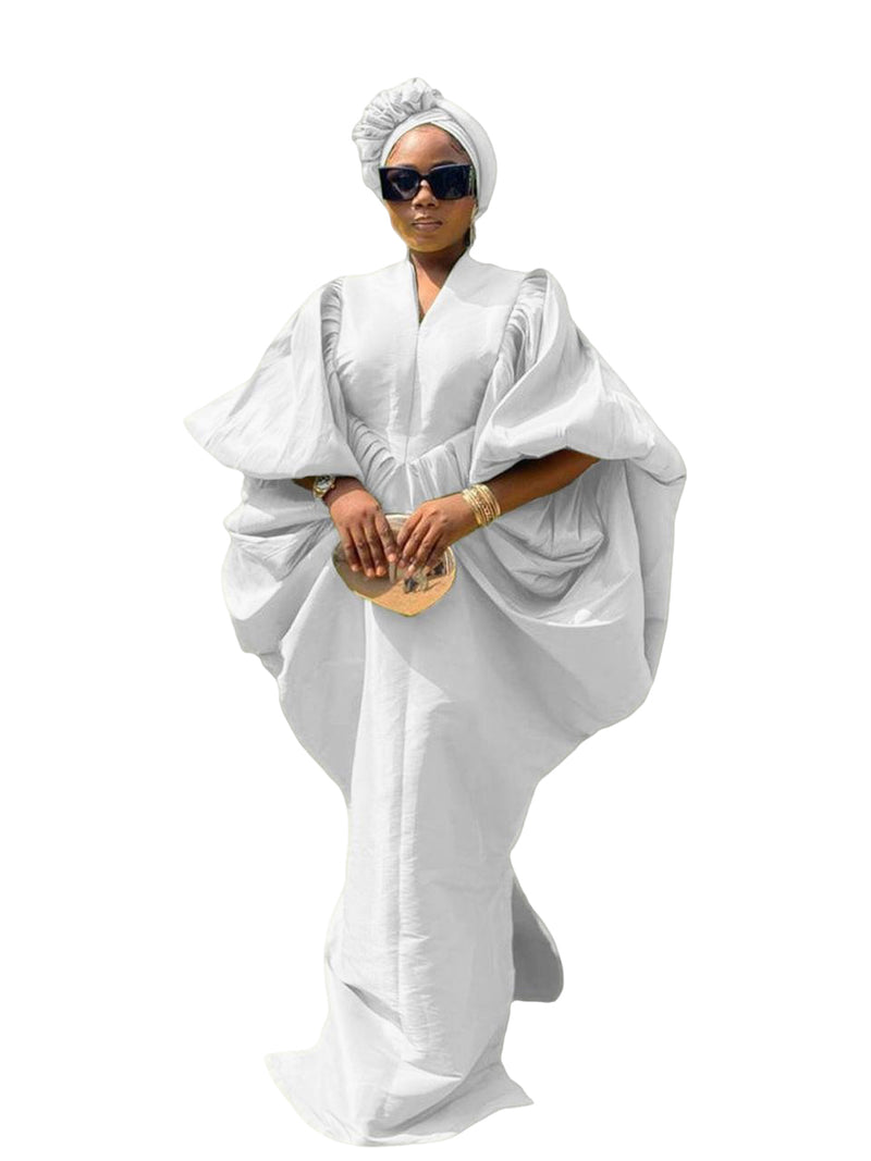 White Raw Silk Fabric with Free Side Pleated Bubu Boubou dress with Turban