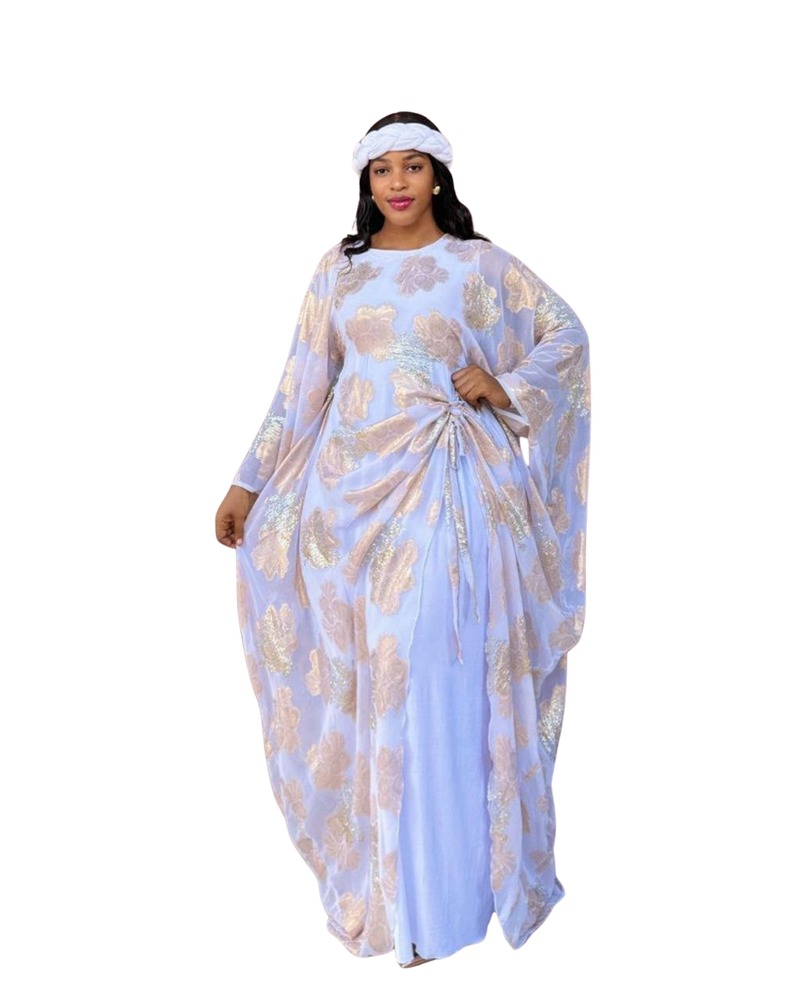White and Gold 3 Piece Umunde Kaftan Somalic Shiffon Underdress and Braided Headband