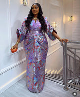 Lilac Purple & Gold African Waist Snatched African Damask Bubu Boubou Elegant Event Dress