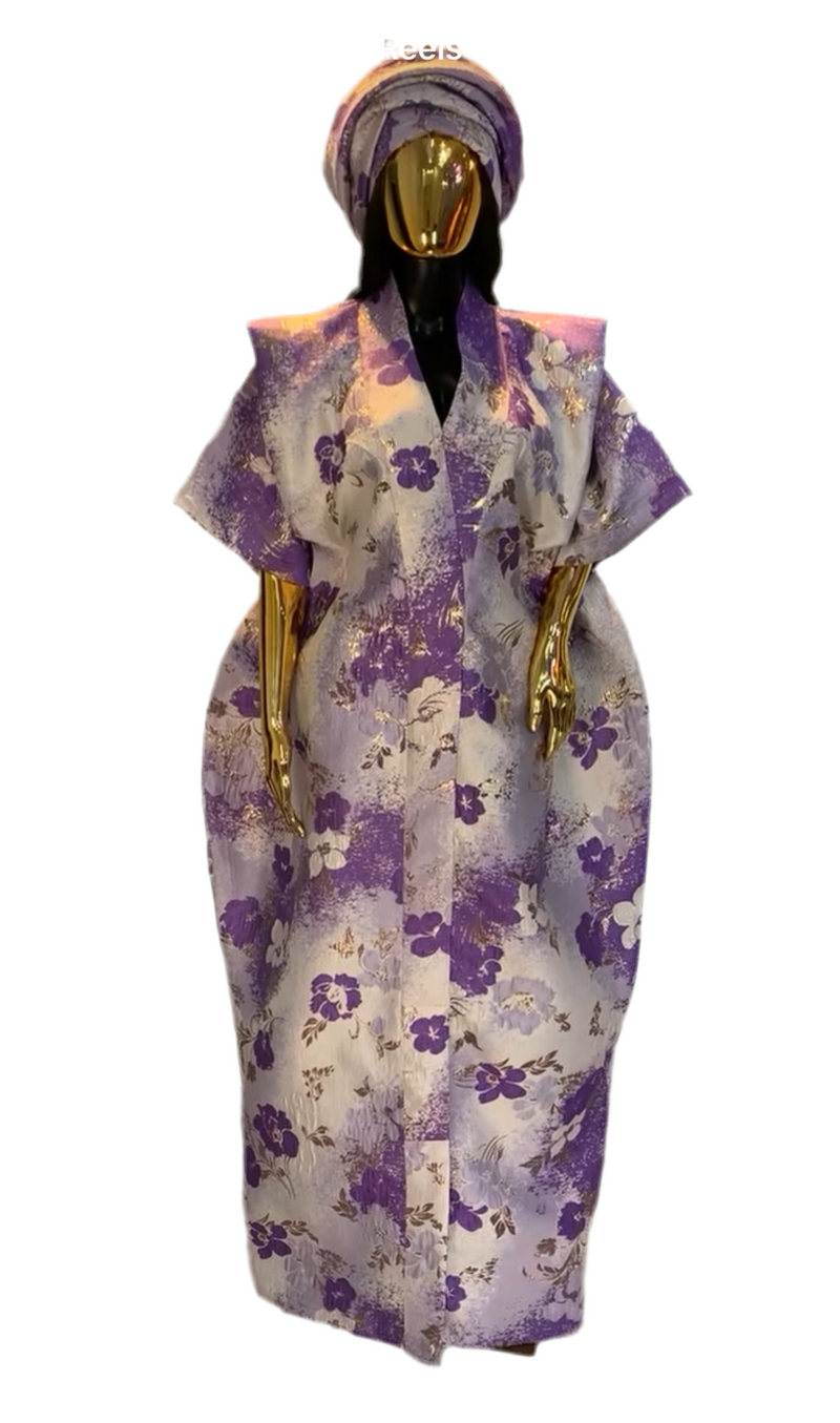 Purple Floral and White mix African Damask Bubu Boubou Elegant Event Dress