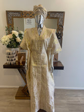 Load image into Gallery viewer, Cream White and Gold African Damask Brocade  Bubu Boubou Elegant Event Dress
