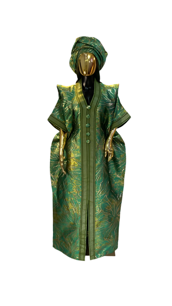 Green and Gold Stripes African Damask Brocade Bubu Boubou Elegant Event Dress