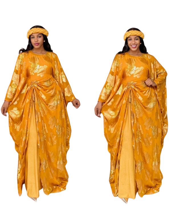 Caramel and Gold 3 Piece Umunde Kaftan Somalic Shiffon Underdress and Braided Headband