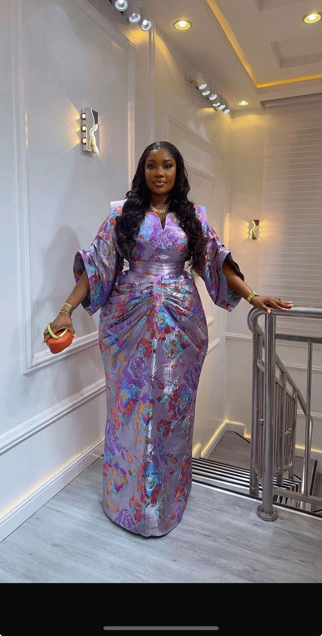 Lilac Purple & Gold African Waist Snatched African Damask Bubu Boubou Elegant Event Dress