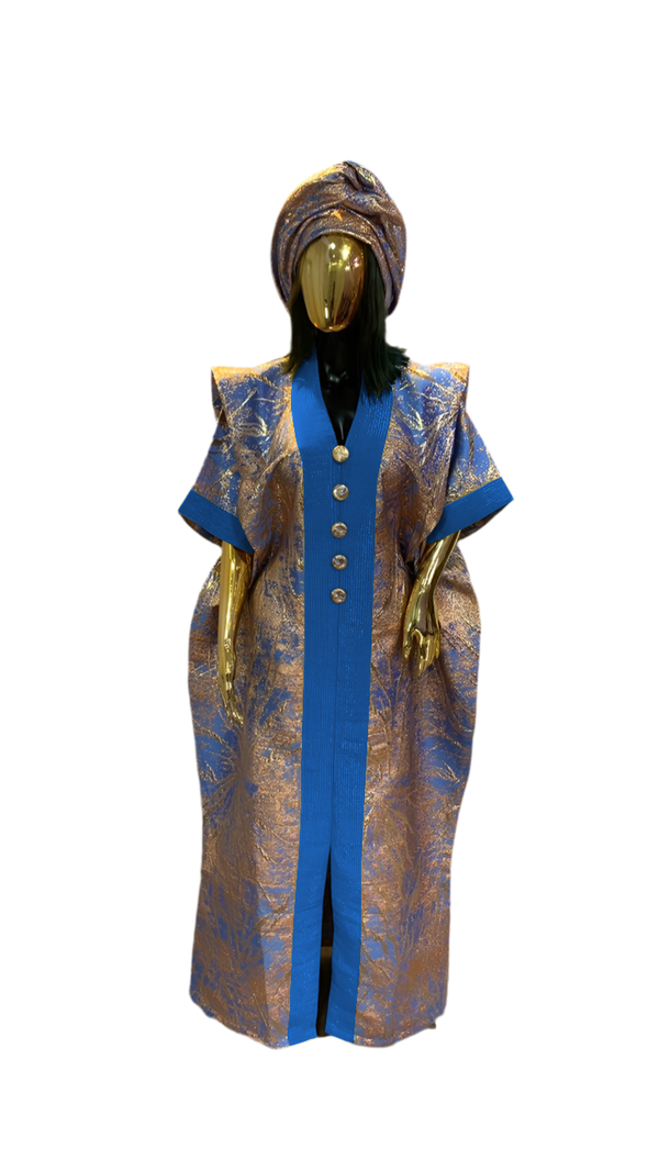 Sky Blue & Gold Stripes African Damask Bubu Boubou African Elegant Event Dress