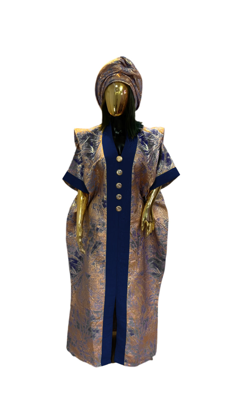 Navy Blue  & Gold Stripes African Damask Bubu Boubou African Elegant Event Dress