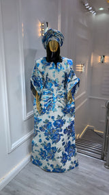 Blue & Gold African Waist Snatched African Damask Bubu Boubou Elegant Event Dress