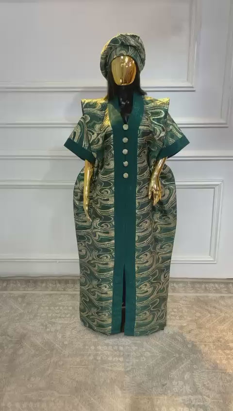 Green Floral and Gold African Arewa Damask Bubu Boubou Elegant Event Dress