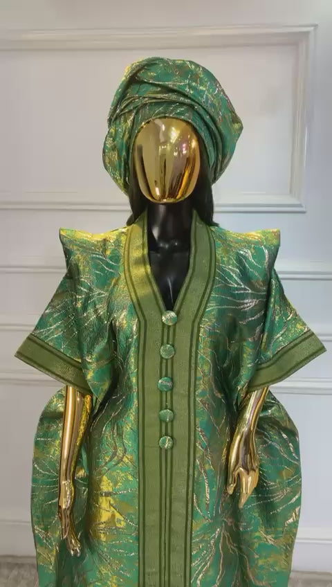 Green and Gold Stripes African Damask Brocade Bubu Boubou Elegant Event Dress