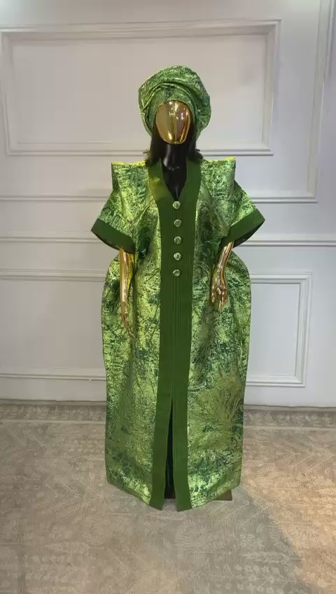 Bright Green African Damask Brocade Bubu Boubou Elegant Event Dress